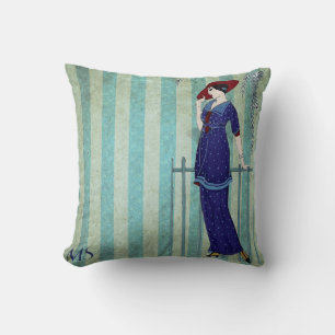Art Nouveau Deco 1920s Vintage Blue Rustic Custom Cushion