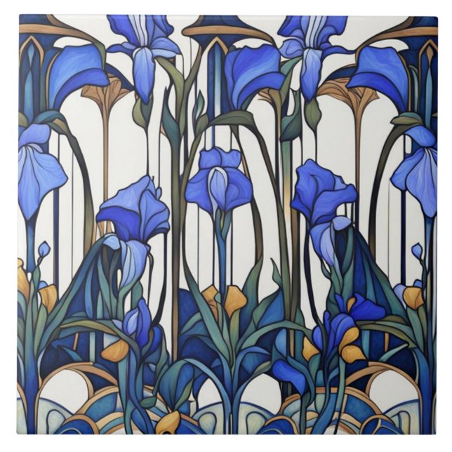 Art Nouveau Deco Blue & White Iris Flower Floral Tile (Front)