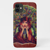 Art nouveau deco elegant woman peacock feathers