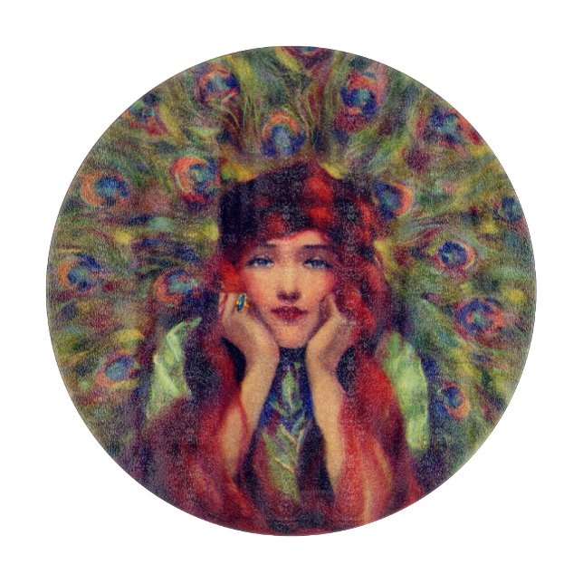 Art nouveau deco elegant woman peacock feathers  cutting board (Front)