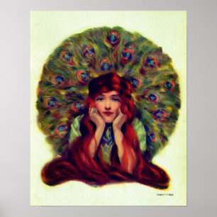 Art nouveau deco elegant woman peacock feathers  poster