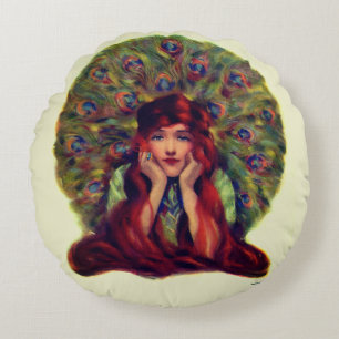 Art nouveau deco elegant woman peacock feathers round cushion