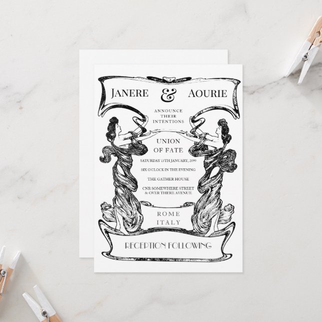 Art Nouveau Deco Female Form Frame Invitation (Front/Back In Situ)