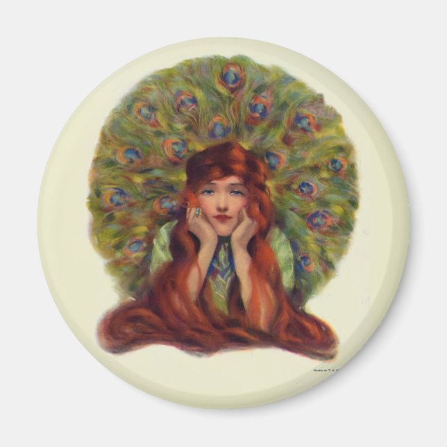 Art nouveau deco red head woman peacock feathers magnet (Front)