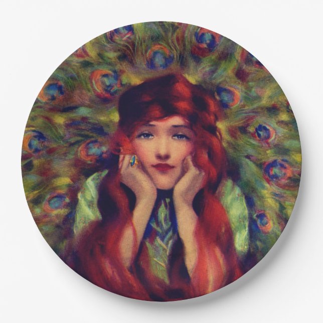 Art nouveau deco woman peacock feathers elegant  paper plate (Front)