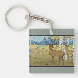 Art Nouveau Deer Forest Maurice Verneuil Art Key Ring