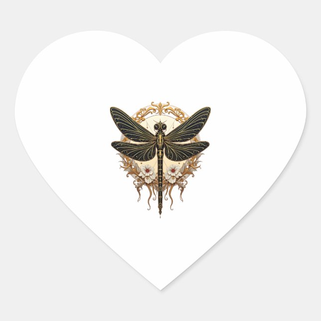 Art Nouveau Dragonfly Elegant Steampunk Heart Sticker (Front)