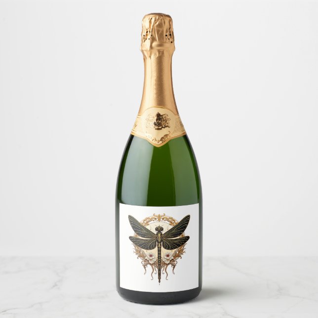 Art Nouveau Dragonfly Elegant Steampunk Sparkling Wine Label (Front)