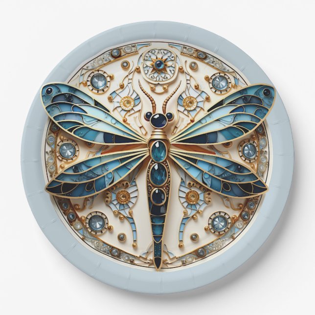 Art Nouveau Dragonfly Sapphires Elegant Gold   Paper Plate (Front)
