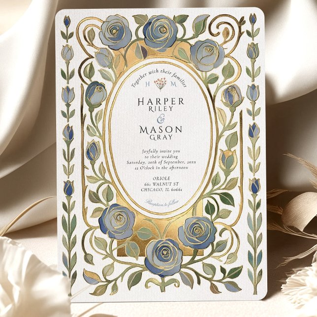 Art Nouveau Dusty Blue & Gold Roses Wedding Invitation (Creator Uploaded)