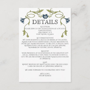 Art Nouveau Dusty Blue Navy Flowers Green Wedding Enclosure Card