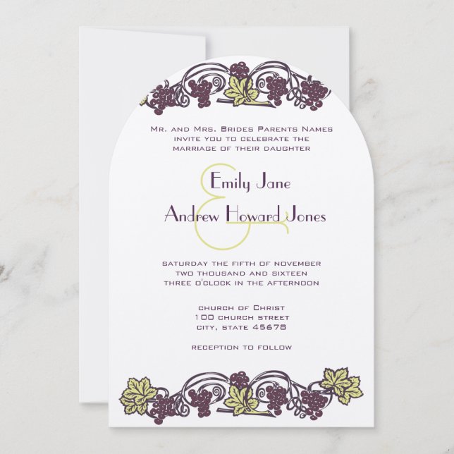 Art Nouveau Eggplant Lime Vineyard Wedding Invites (Front)