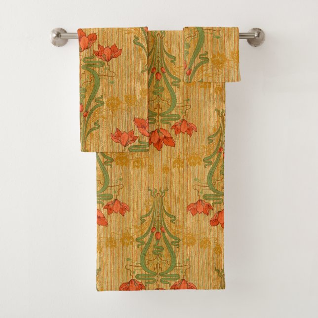 Art nouveau elegant floral poppy flowers victorian bath towel set (Insitu)