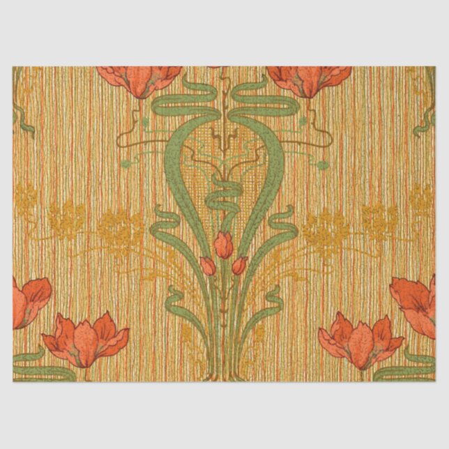 Art nouveau elegant floral poppy red gold green  tissue paper (Front)