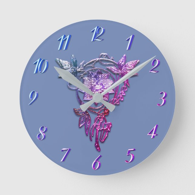Art nouveau elegant flower jewel purple pink round clock (Front)