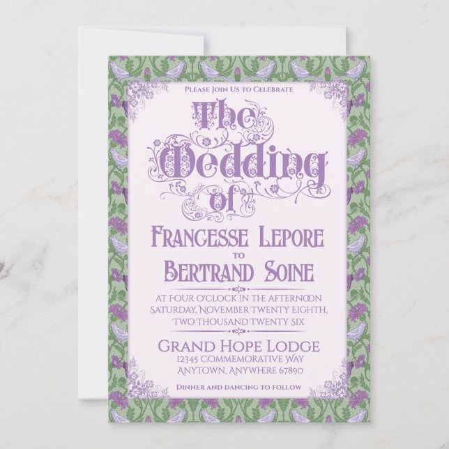 Art Nouveau Elegant Lovebirds Lilac Invitation (Front)