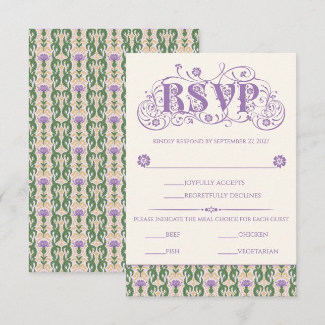 Art Nouveau Elegant Thistle Light Yellow RSVP Card (Front/Back)