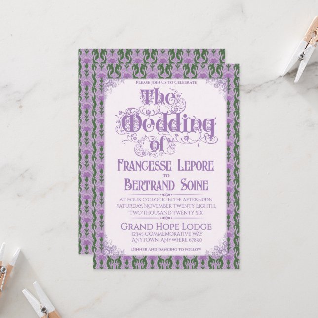 Art Nouveau Elegant Thistle Lilac Invitation (Front/Back In Situ)