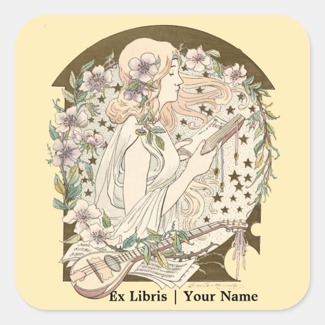 Art Nouveau Ex Libris Girl With Book & Stars Square Sticker (Front)