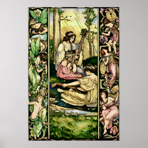 Art Nouveau Fairy Musicians Vintage Illustration  Poster