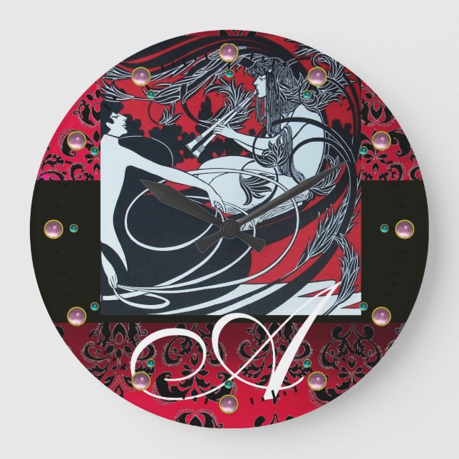 ART NOUVEAU FAUN Red Burgundy,Black Damask Large Clock (Front)
