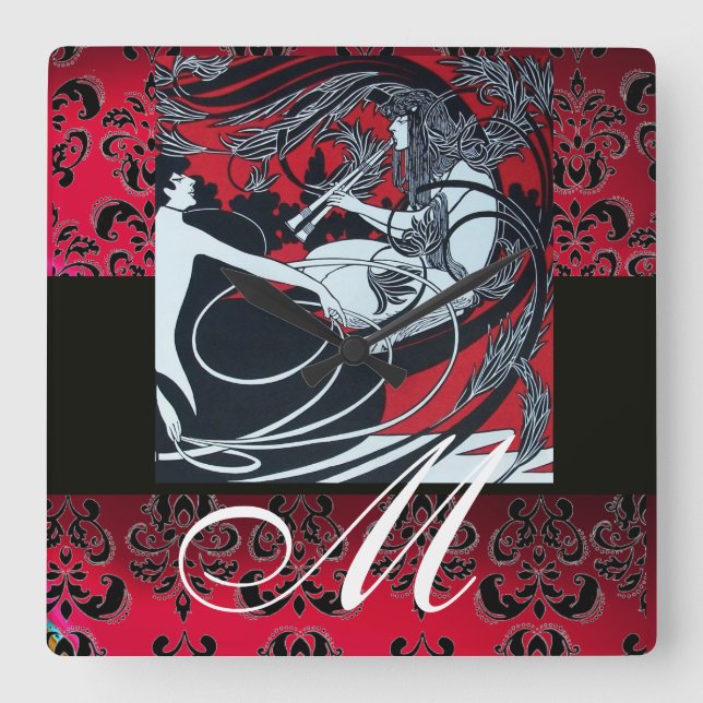 ART NOUVEAU FAUN Red Burgundy,Black Damask Square Wall Clock (Front)