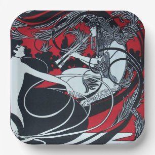 ART NOUVEAU FAUN  Red Burgundy,Black White Paper Plate