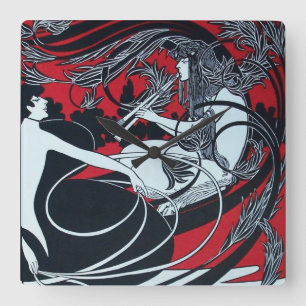 ART NOUVEAU FAUN  Red Burgundy,Black,white Square Wall Clock