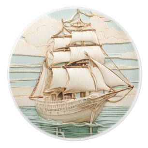 Art Nouveau Faux Relief Antique Sailing Ocean Ship Ceramic Knob