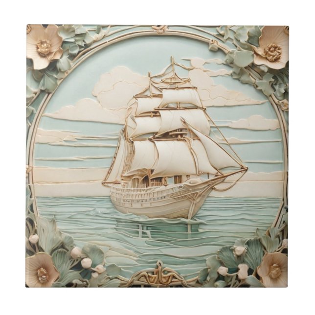Art Nouveau Faux Relief Antique Sailing Ocean Ship Tile (Front)
