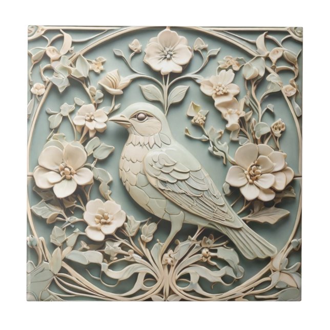 Art Nouveau Faux Relief Bird Flower Blossoms Mint Tile (Front)