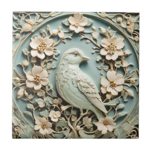 Art Nouveau Faux Relief Bird & Spring Flowers Mint Tile