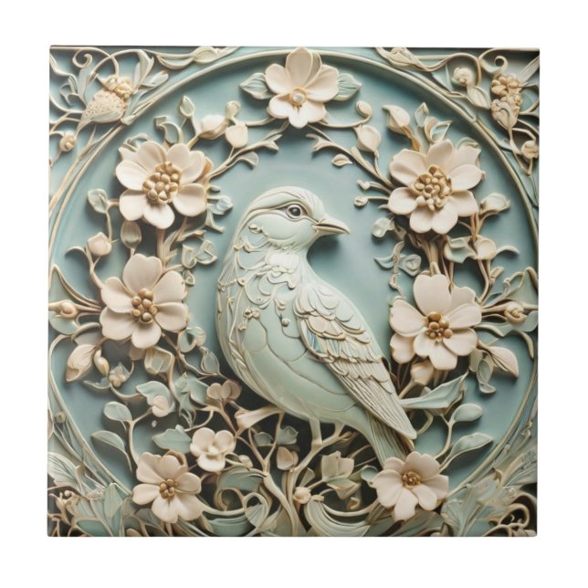 Art Nouveau Faux Relief Bird & Spring Flowers Mint Tile (Front)