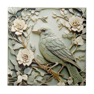Art Nouveau Faux Relief Blackbird Bird Pastel Mint Tile