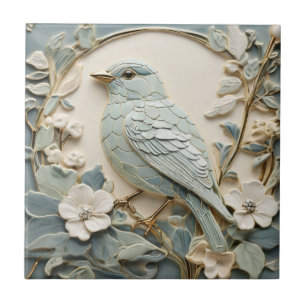 Art Nouveau Faux Relief Bluebird Bird Left Mint Tile