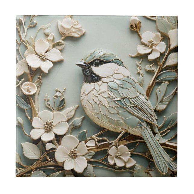 Art Nouveau Faux Relief Chickadee Bird Mint Floral Tile (Front)