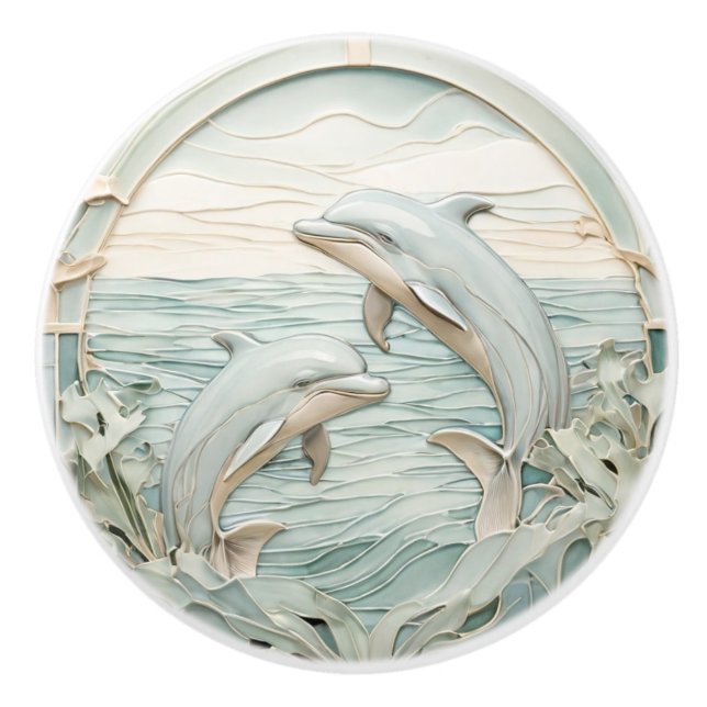 Art Nouveau Faux Relief Dolphins Mint Blue & White Ceramic Knob (Front)