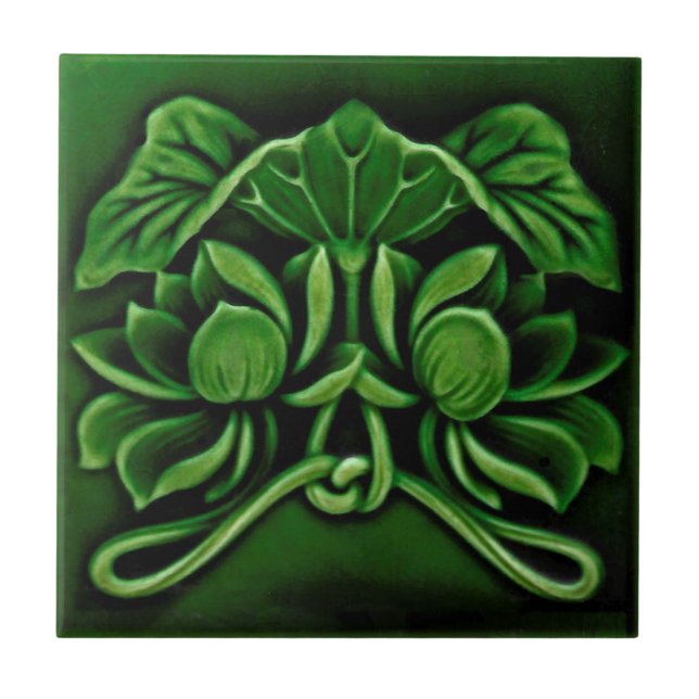 Art Nouveau Faux Relief Floral Majolica Dk Green Tile (Front)