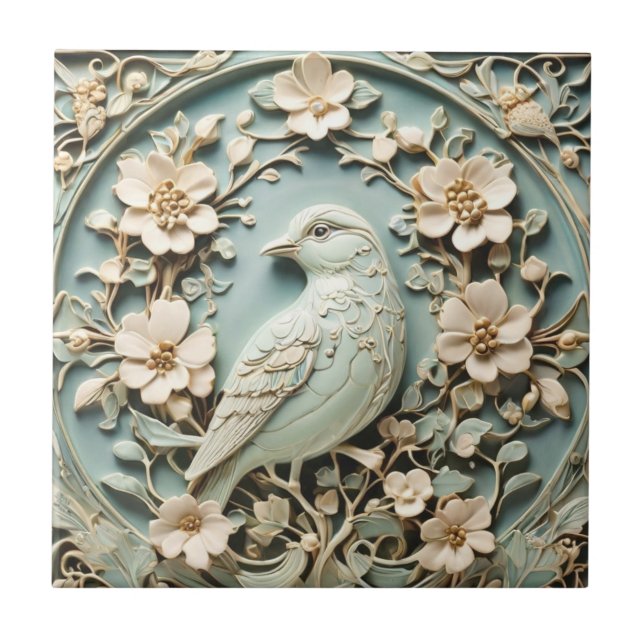Art Nouveau Faux Relief Left Bird Floral Mint Tile (Front)