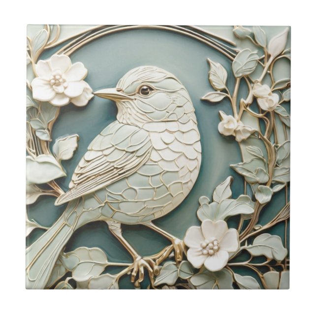 Art Nouveau Faux Relief Left Facing Wren Bird Mint Tile (Front)