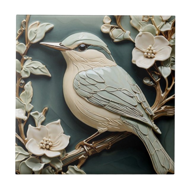 Art Nouveau Faux Relief Nuthatch Bird L Turquoise Tile (Front)