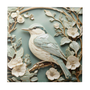Art Nouveau Faux Relief Nuthatch Bird Left facing Tile