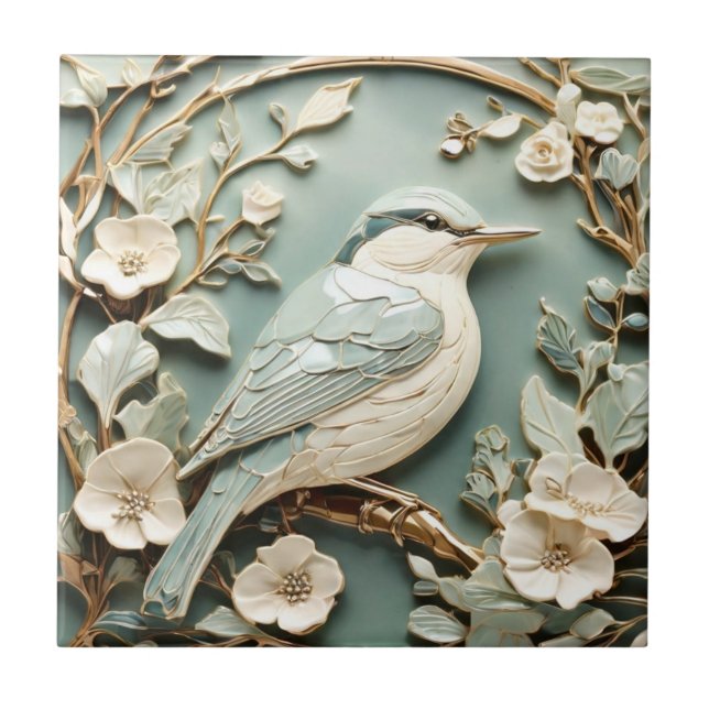 Art Nouveau Faux Relief Nuthatch Bird Right facing Tile (Front)