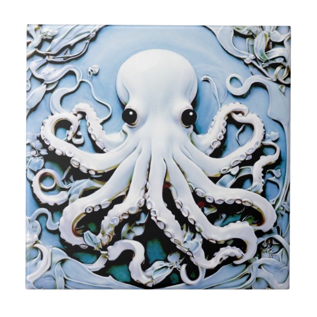 Art Nouveau Faux Relief Octopus - Blue & White Tile (Front)