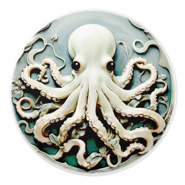 Art Nouveau Faux Relief Octopus - Ocean Sea Life Ceramic Knob (Front)