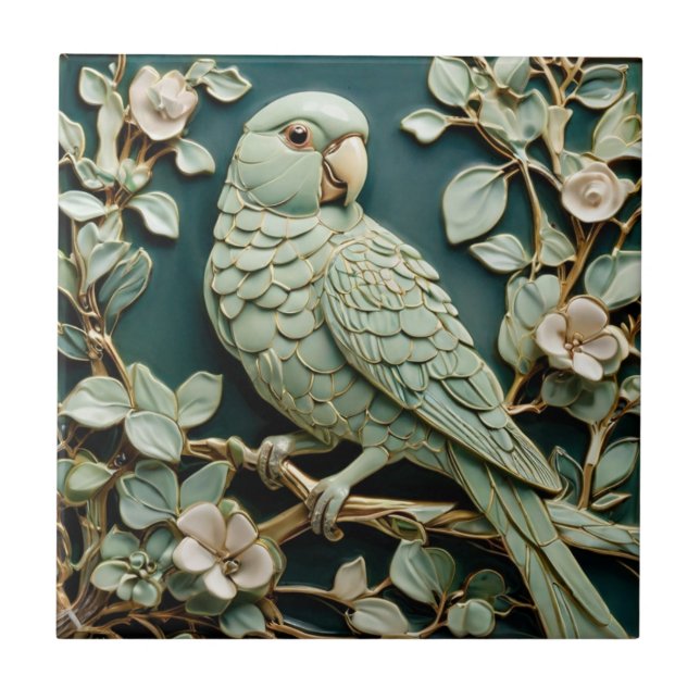 Art Nouveau Faux Relief R Parakeet Bird Teal Green Tile (Front)