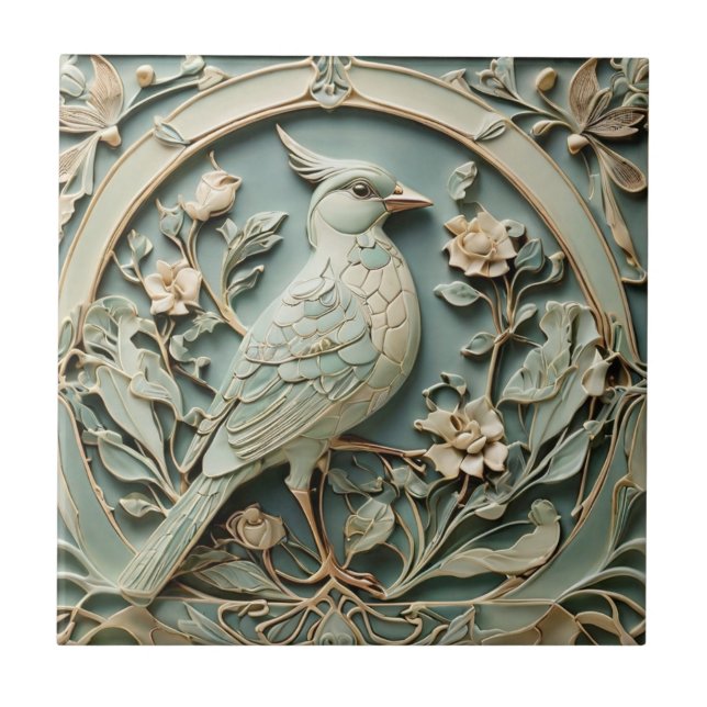 Art Nouveau Faux Relief Right Bird Fancy Floral Tile (Front)