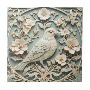 Art Nouveau Faux Relief Right Bird Flowery Mint Tile