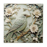 Art Nouveau Faux Relief Right Blackbird Bird Mint Tile<br><div class="desc">"girly ornate art nouveau",  "blackbird bird",  "faux relief ceramic tile",  "shabby pale mint blue green",  "feminine pastel sage green",  "vintage dusty muted colours",  "french chic spring flowers",  "beautiful light baby blue",  "floral birds on tree branch",  "fancy flowery flower antique"</div>