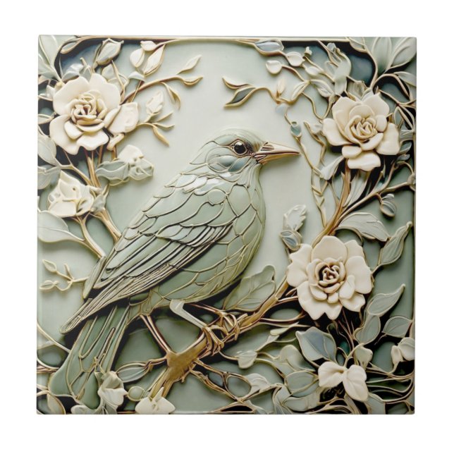Art Nouveau Faux Relief Right Blackbird Bird Mint Tile (Front)